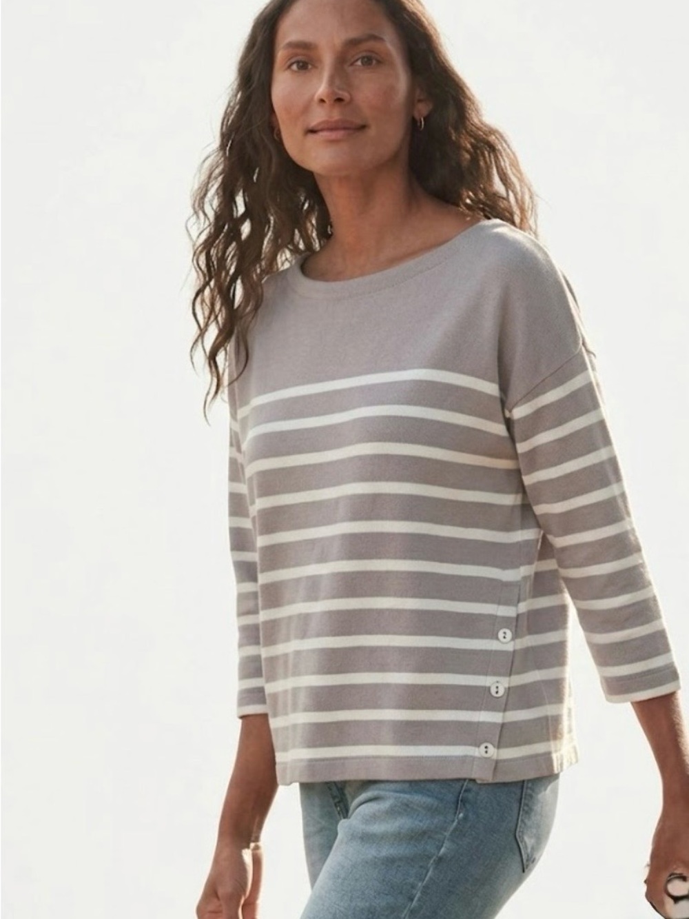 Garnet Hill Gray + White Boat Neck Top. Large Organic Cotton Luxury Boxy Striped